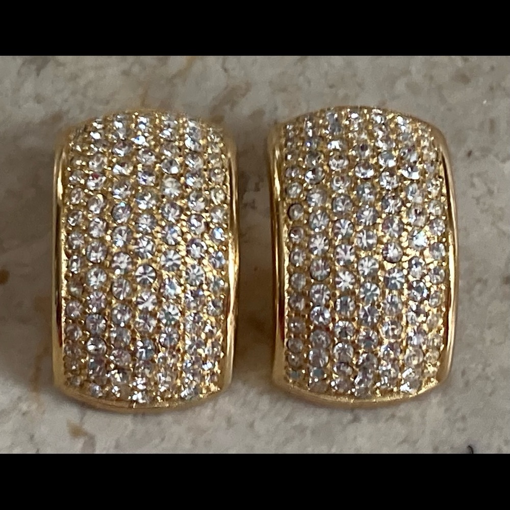 CHRISTIAN DIOR Signed, Vintage Crystal & Gold Tone Clip-On Huggie Hoop Earrings